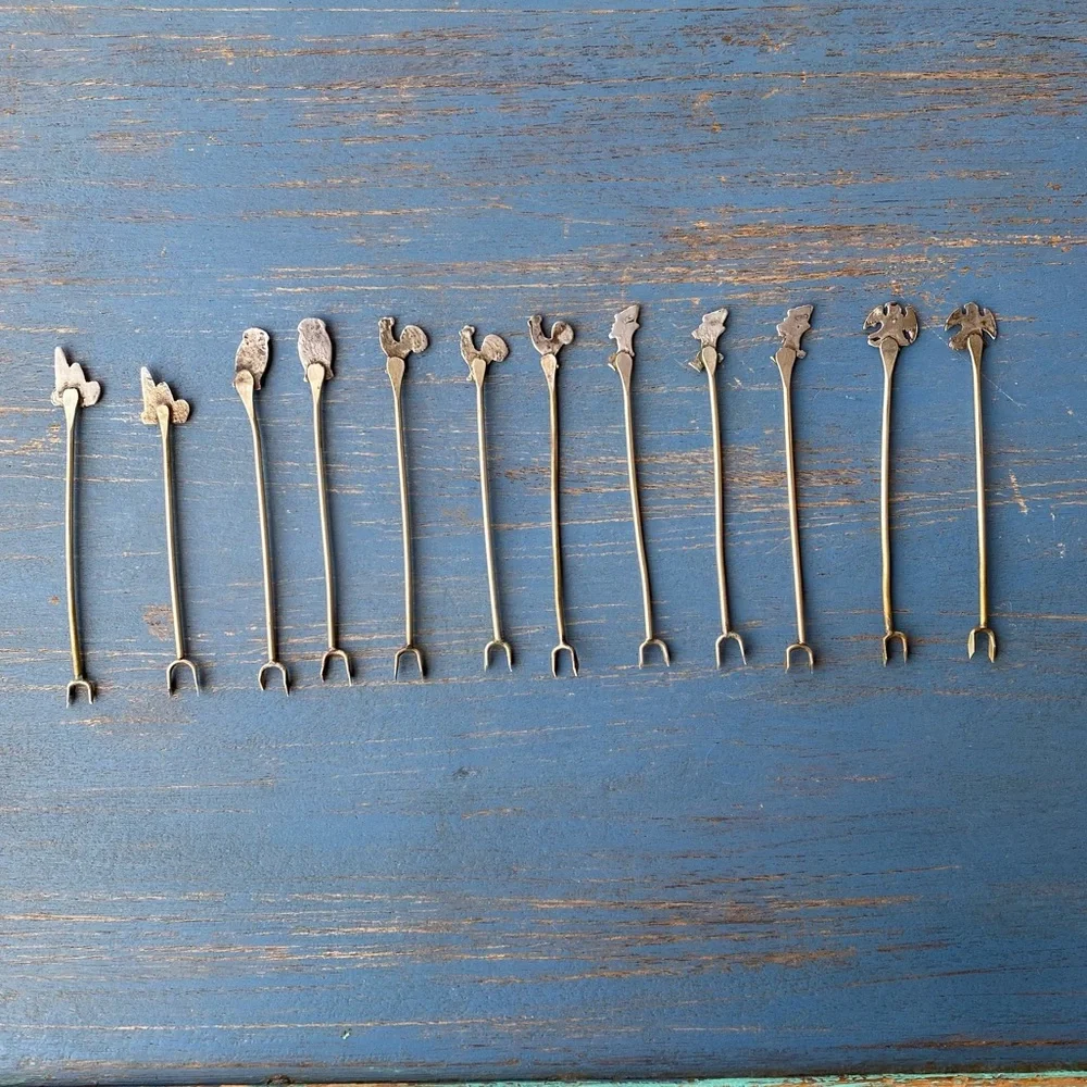 Vintage 12 Handmade Silver Themed hors d’oeuvre Serving Forks Roster Dog Ect.